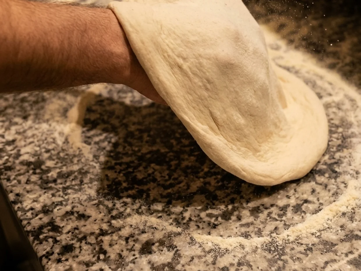 Le mani del pizzaiolo lavorano l'impasto sul banco