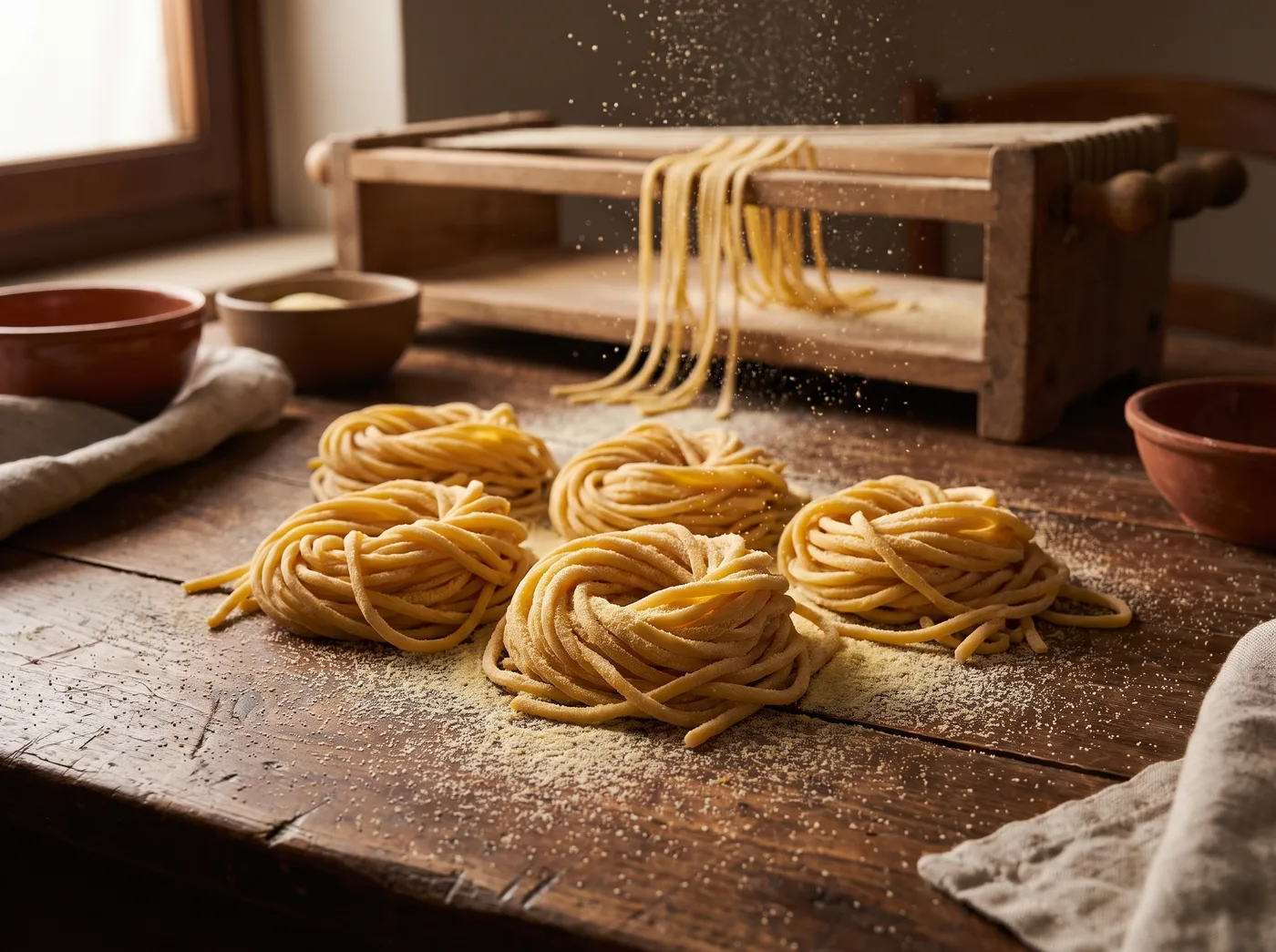 Nidi di pasta alla chitarra fatta in casa sul tavolo di legno